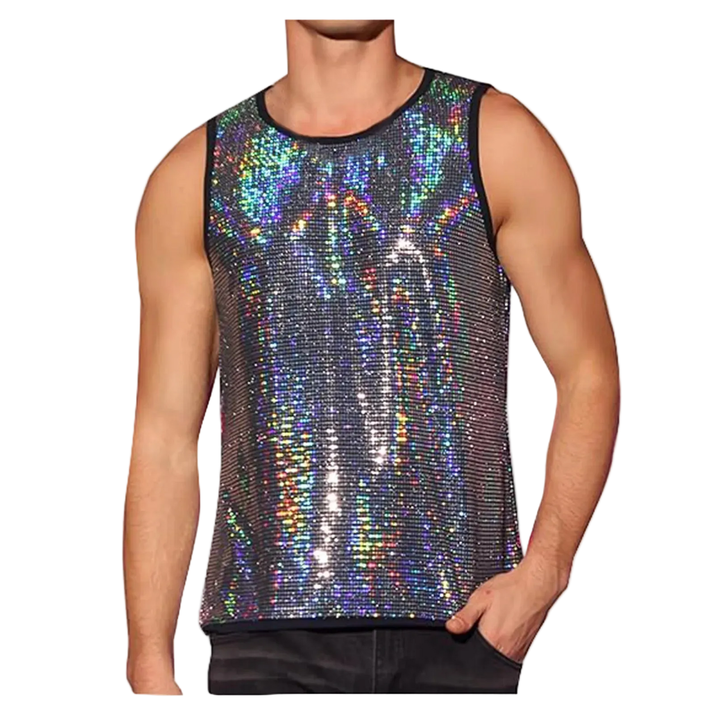A sleeveless sequin tank top with an iridescent holographic finish, shown on a male model against a plain white background.