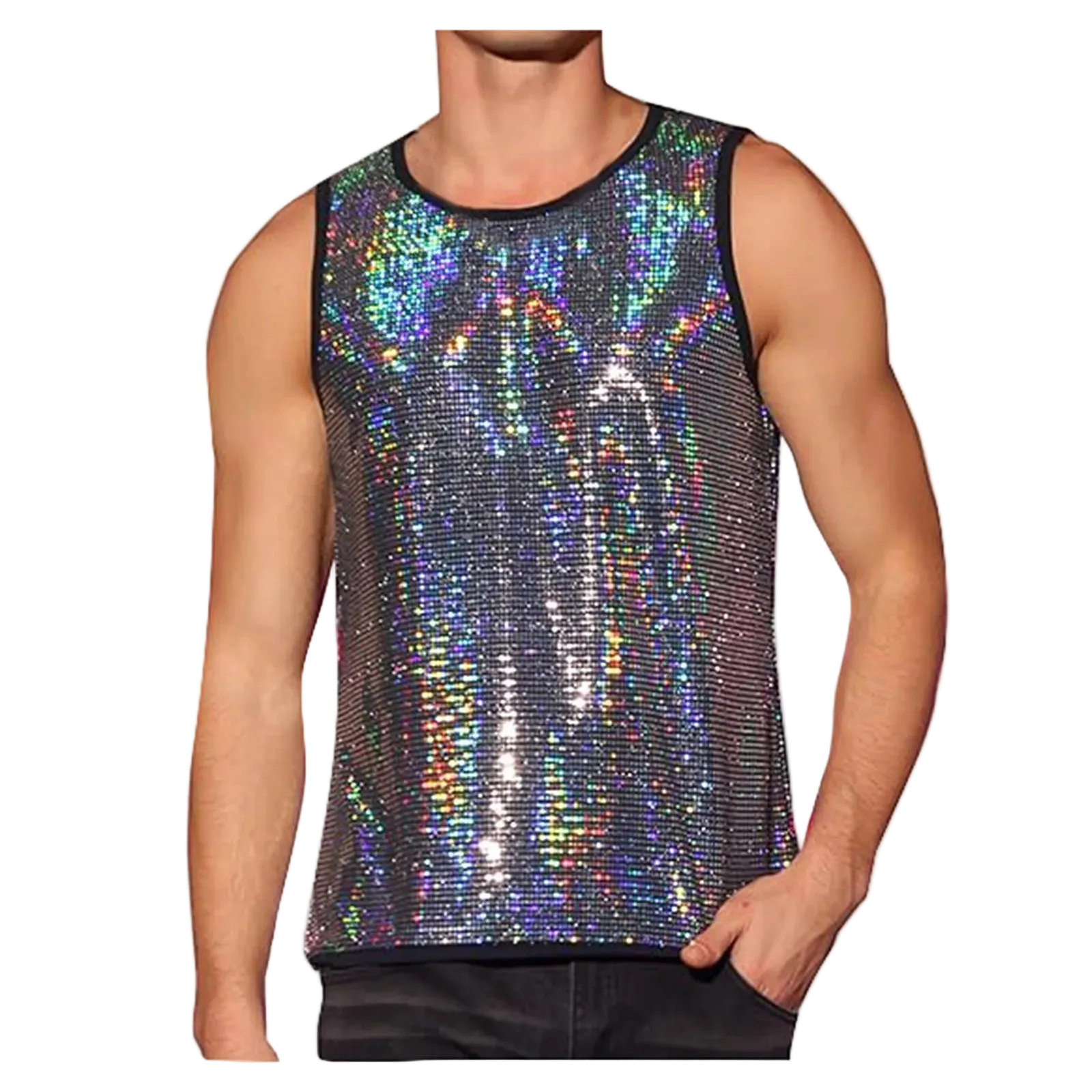 A sleeveless sequin tank top with an iridescent holographic finish, shown on a male model against a plain white background.