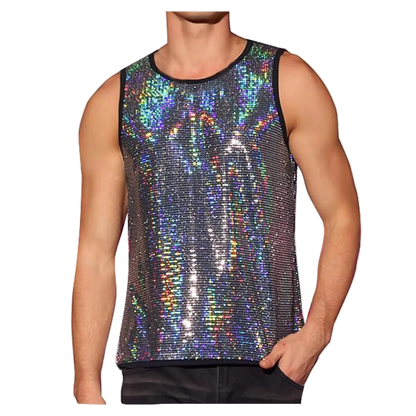 A sleeveless sequin tank top with an iridescent holographic finish, shown on a male model against a plain white background.