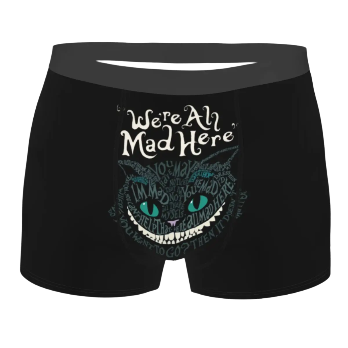 boxer shorts featuring the Cheshire Cat design from Alice in Wonderland, with glowing turquoise eyes and distinctive grinning teeth illuminated against a dark background.