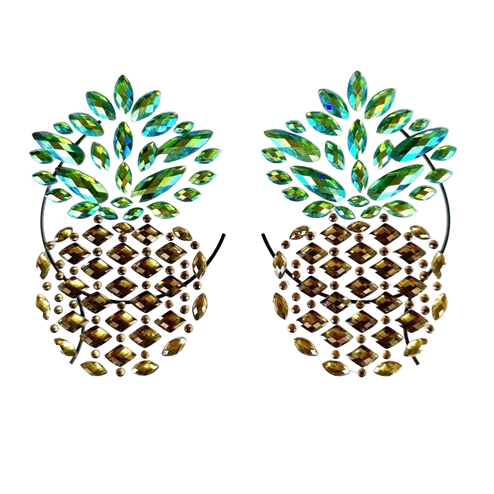 Pineapple-shaped earrings with gemstone details on a white background