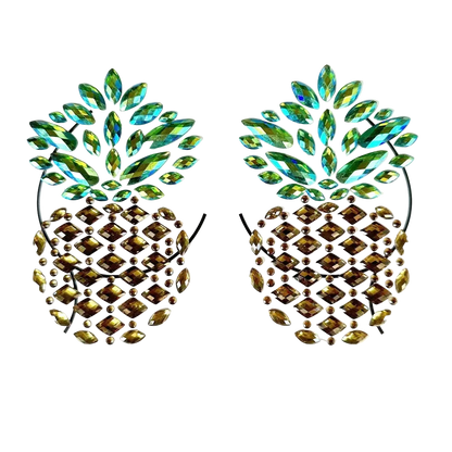 Pineapple-shaped earrings with gemstone details on a white background
