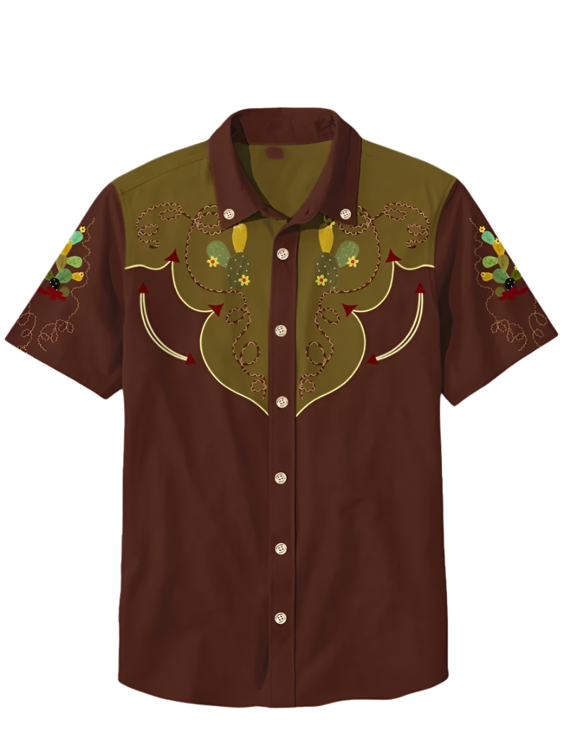 Retro men's denim Hawaiian shirt with 3D ethnic academy casual short sleeved lapel button Y2K streetwear design for resort entertainment