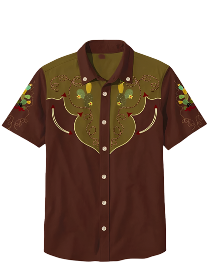 Retro men's denim Hawaiian shirt with 3D ethnic academy casual short sleeved lapel button Y2K streetwear design for resort entertainment