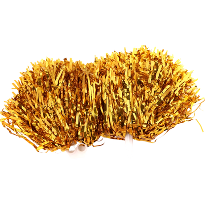 Two gold pom-poms on a white background
