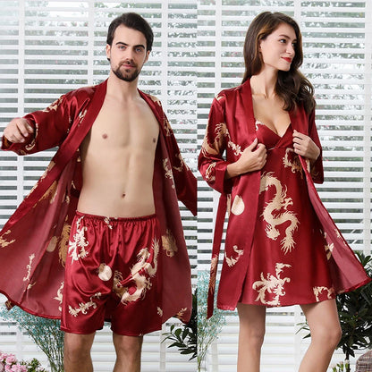 Big Size 2PCS Kimono Bathrobe Gown Couple Sleepwear Home Wear Print Satin Nightgown Women Slip Nighty Dress Men Robe Loungewear