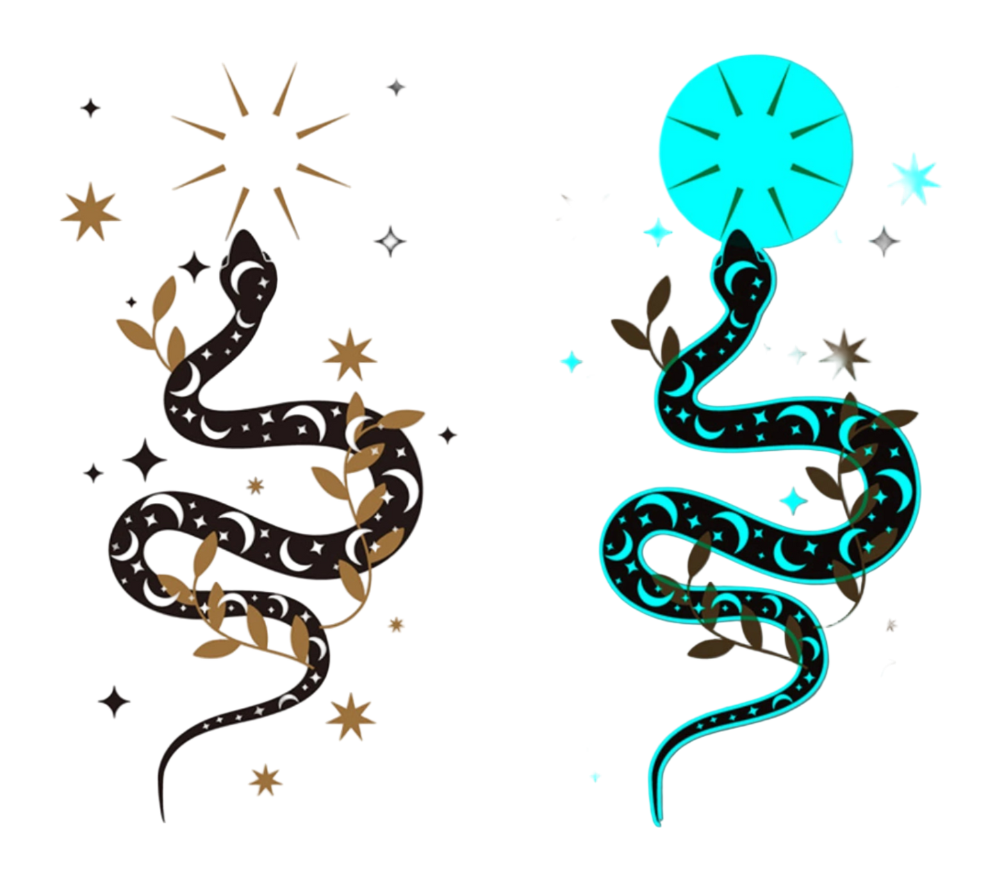 Two snake illustrations, one black and gold on a white background, the other blue and green on a gray background with stars.