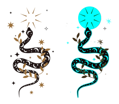 Two snake illustrations, one black and gold on a white background, the other blue and green on a gray background with stars.
