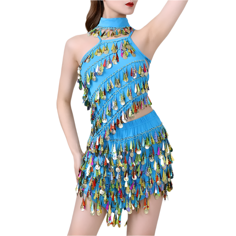  sequin coin tassel Latin dance set with fringe top and skirt for professional resort performances