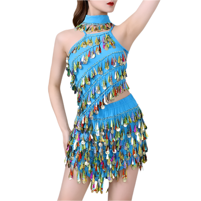  sequin coin tassel Latin dance set with fringe top and skirt for professional resort performances