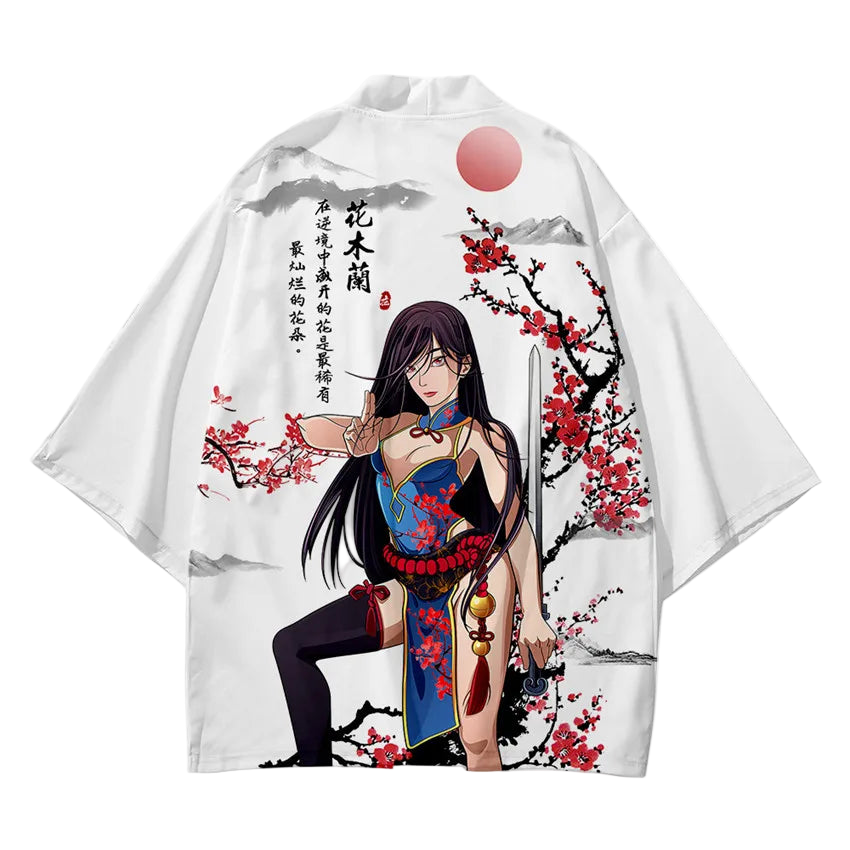 White kimono-style garment with an illustration of a character holding a sword and cherry blossoms on a white background
