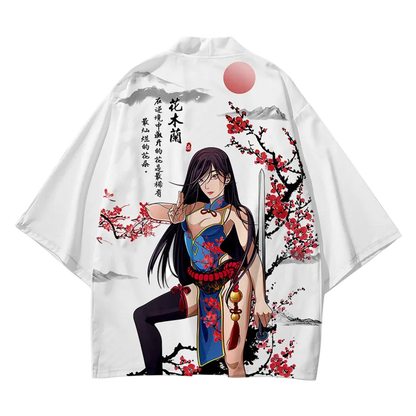 White kimono-style garment with an illustration of a character holding a sword and cherry blossoms on a white background