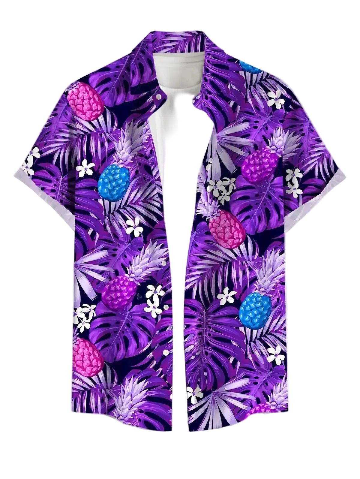 Purple tropical shirt with pineapple and leaf pattern on a white background