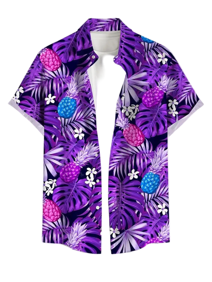 Purple tropical shirt with pineapple and leaf pattern on a white background