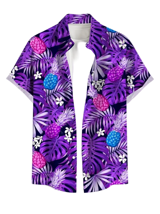 Purple tropical shirt with pineapple and leaf pattern on a white background