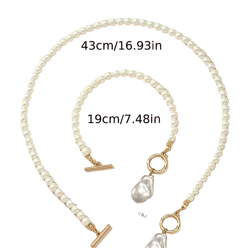 White pearl necklace and matching bracelet with gold-tone hardware on a pale peach background, with overlaid size measurements showing 43cm/16.93in for the necklace and 19cm/7.