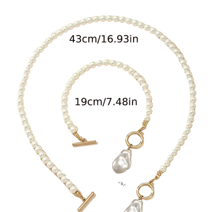 White pearl necklace and matching bracelet with gold-tone hardware on a pale peach background, with overlaid size measurements showing 43cm/16.93in for the necklace and 19cm/7.