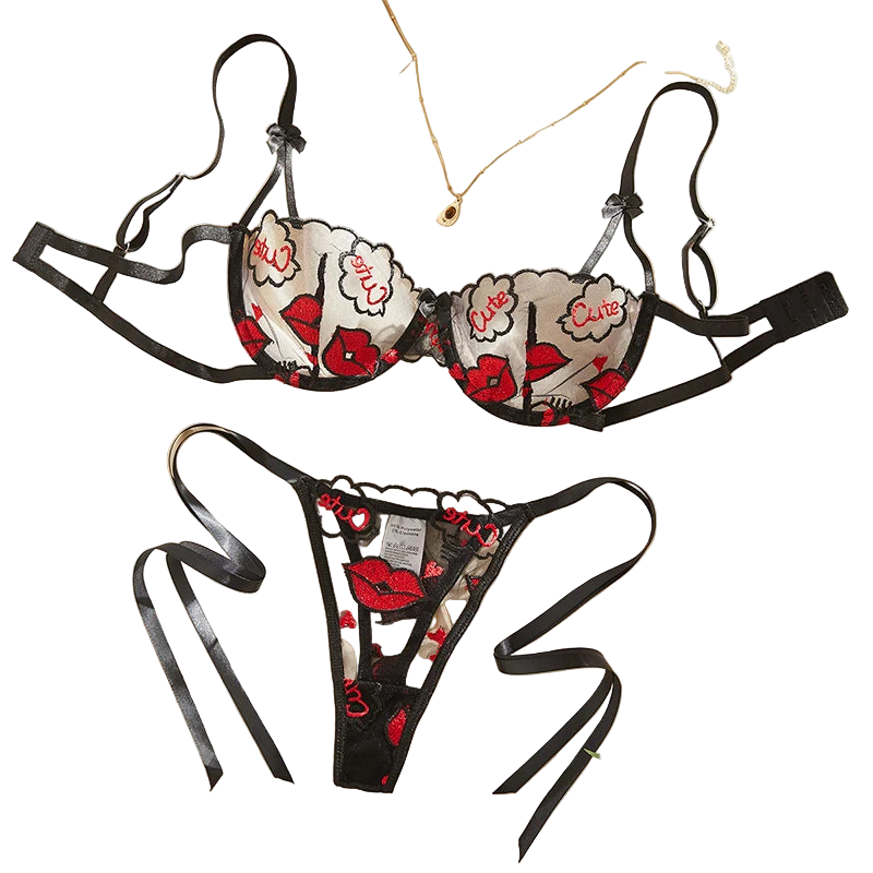 Black lace lingerie set with floral designs on a light background