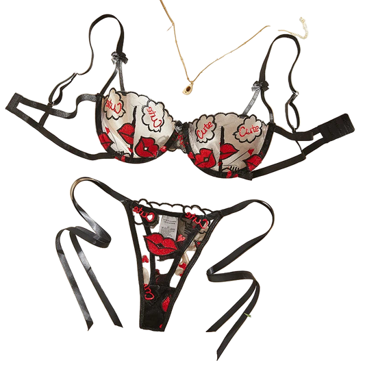 Black lace lingerie set with floral designs on a light background