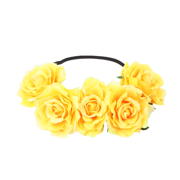 A floral headband featuring large, vibrant roses. The design is bold and romantic, perfect for a bohemian or festival look.