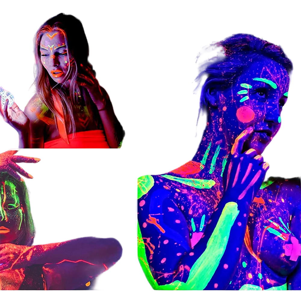 Collage of people with UV-reactive paint in a dark setting