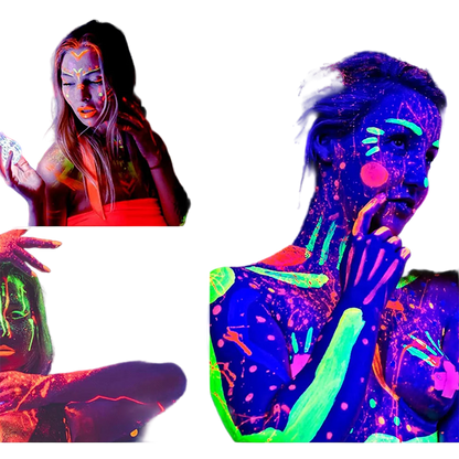 Collage of people with UV-reactive paint in a dark setting