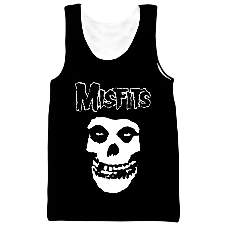 Black tank top with white skull design and 'Misfits' text on a white background