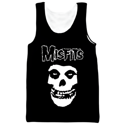 Black tank top with white skull design and 'Misfits' text on a white background