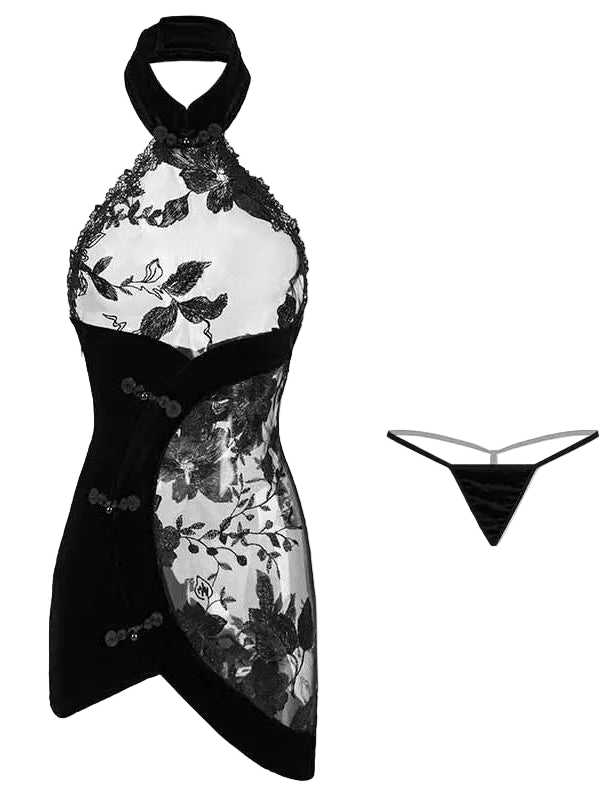 Black and white lace dress with matching garter on a white background