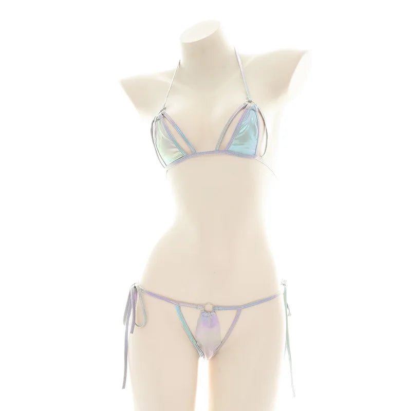Summer Micro Bikini Set Women Swimwear Laser Holographic Halter Tops Bra Thong Bathing Suit Beachwear Brazilian Biquini
