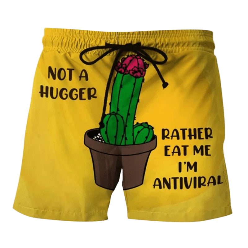 Yellow shorts with a cactus graphic and humorous text on a white background