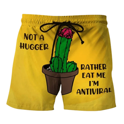 Yellow shorts with a cactus graphic and humorous text on a white background