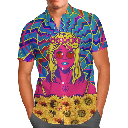 hippie girl sunflower 3D Hawaiian shirt in oversized 5XL sizing for inclusive resort summer fashion