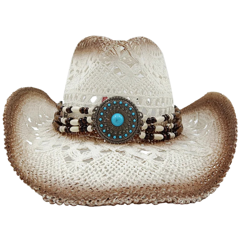 Cowboy hat with decorative band featuring a turquoise stone on a white background