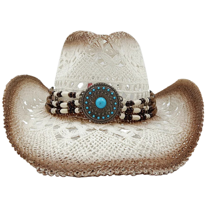 Cowboy hat with decorative band featuring a turquoise stone on a white background