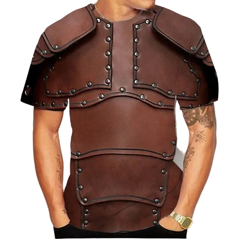 Brown leather armor with metal studs on a plain background