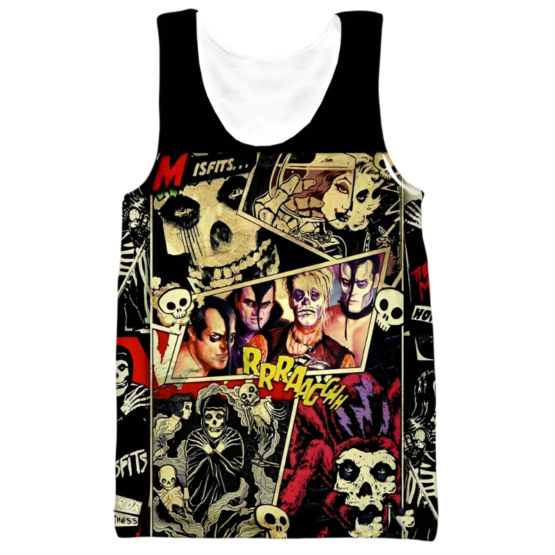 Tank top with graphic design featuring characters and text on a white background