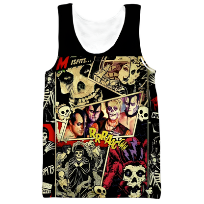 Tank top with graphic design featuring characters and text on a white background