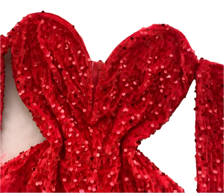 A red sequined bodysuit with long sleeves and feather trim. The design is glamorous and bold, perfect for a standout performance or event.
