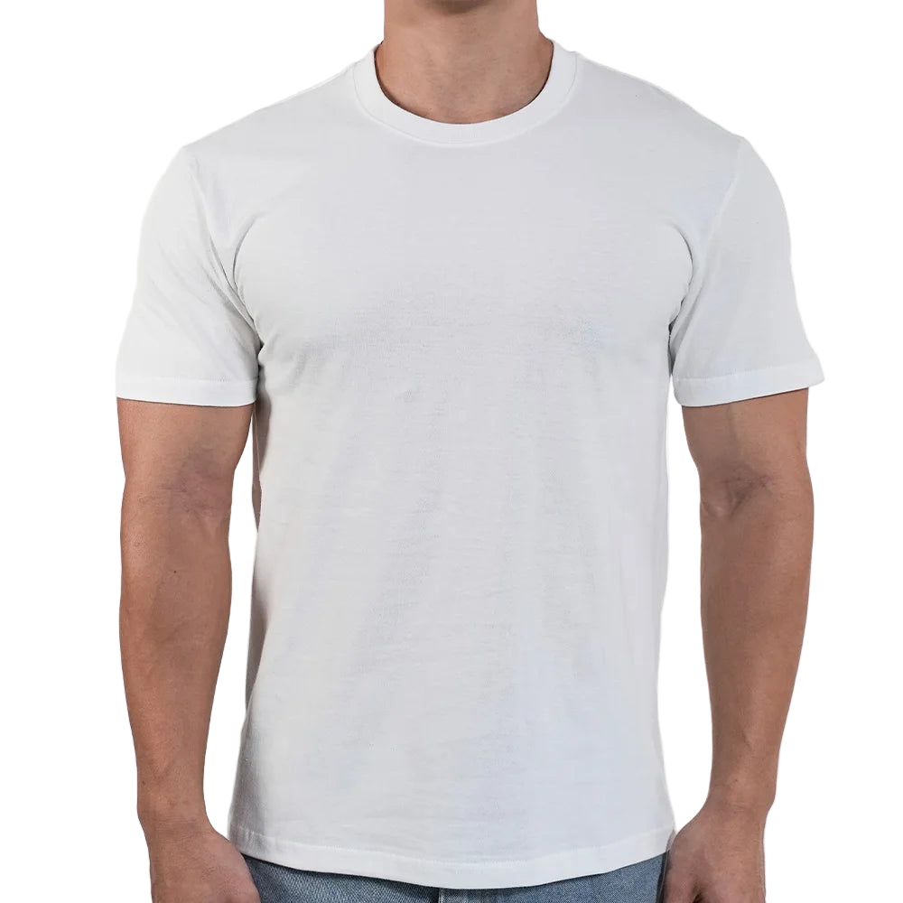 Person wearing a plain white t-shirt on a white background