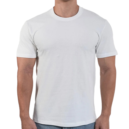 Person wearing a plain white t-shirt on a white background