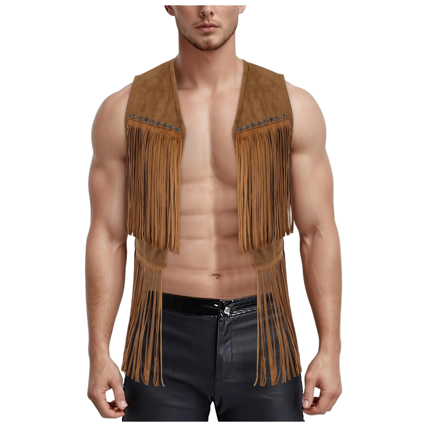 Man wearing a brown suede vest with fringes on a white background