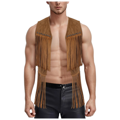 Man wearing a brown suede vest with fringes on a white background