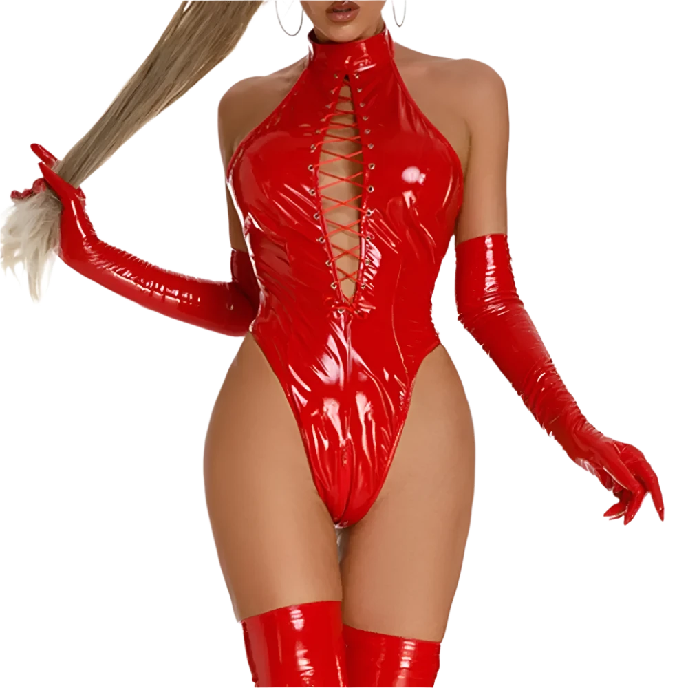 Plus Size Erotic Zipper Open Crotch Shiny Leather Bodysuit