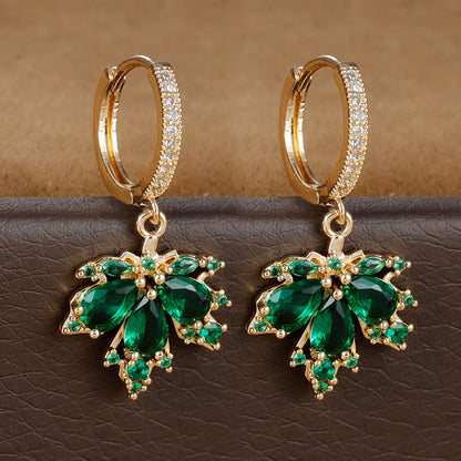 2pcs Vintage Crystal Zircon Stainless Steel Maple Leaf Earrings for Women Temperament Hoop Earrings Party Piercing Jewelry Gift