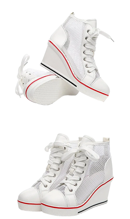 White high-top wedge sneakers with red accents on a white background