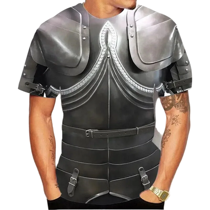 Person wearing a detailed armor vest on a white background