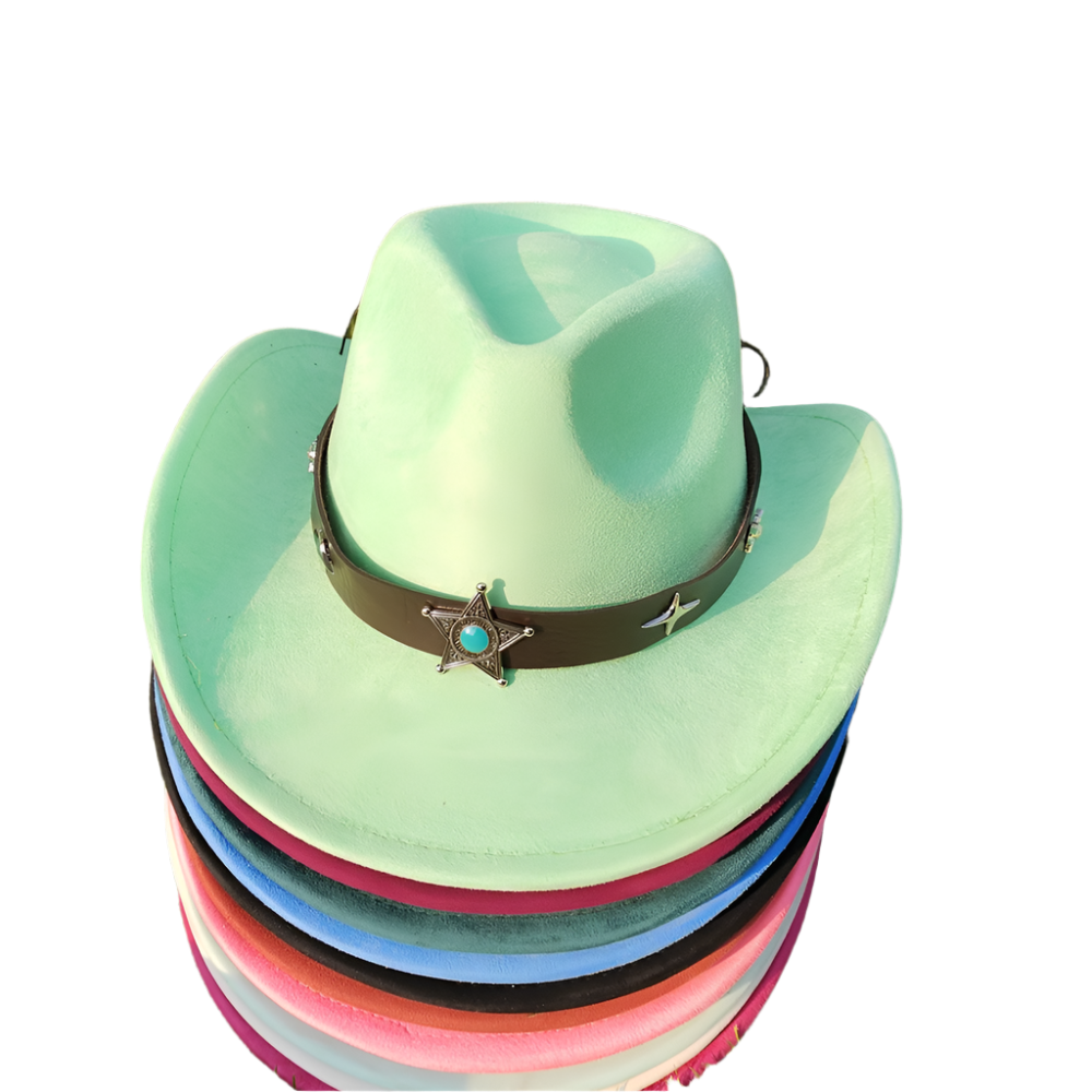 Stack of colorful cowboy hats with a star emblem on a grassy background