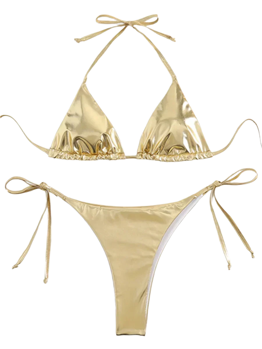 A shiny, iridescent bikini in shades of gold. It features a classic triangle top and tie-side bottoms, creating a vibrant and eye-catching beachwear style.