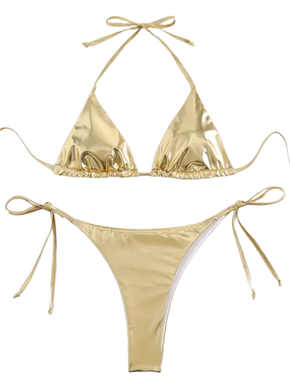 A shiny, iridescent bikini in shades of gold. It features a classic triangle top and tie-side bottoms, creating a vibrant and eye-catching beachwear style.